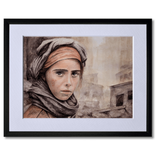 watercolour painting of girl in front of ruins in gaza