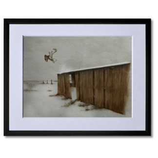 watercolour painting of hawk taking off from barn
