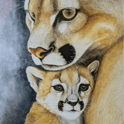 watercolor painting of puma mother and cub